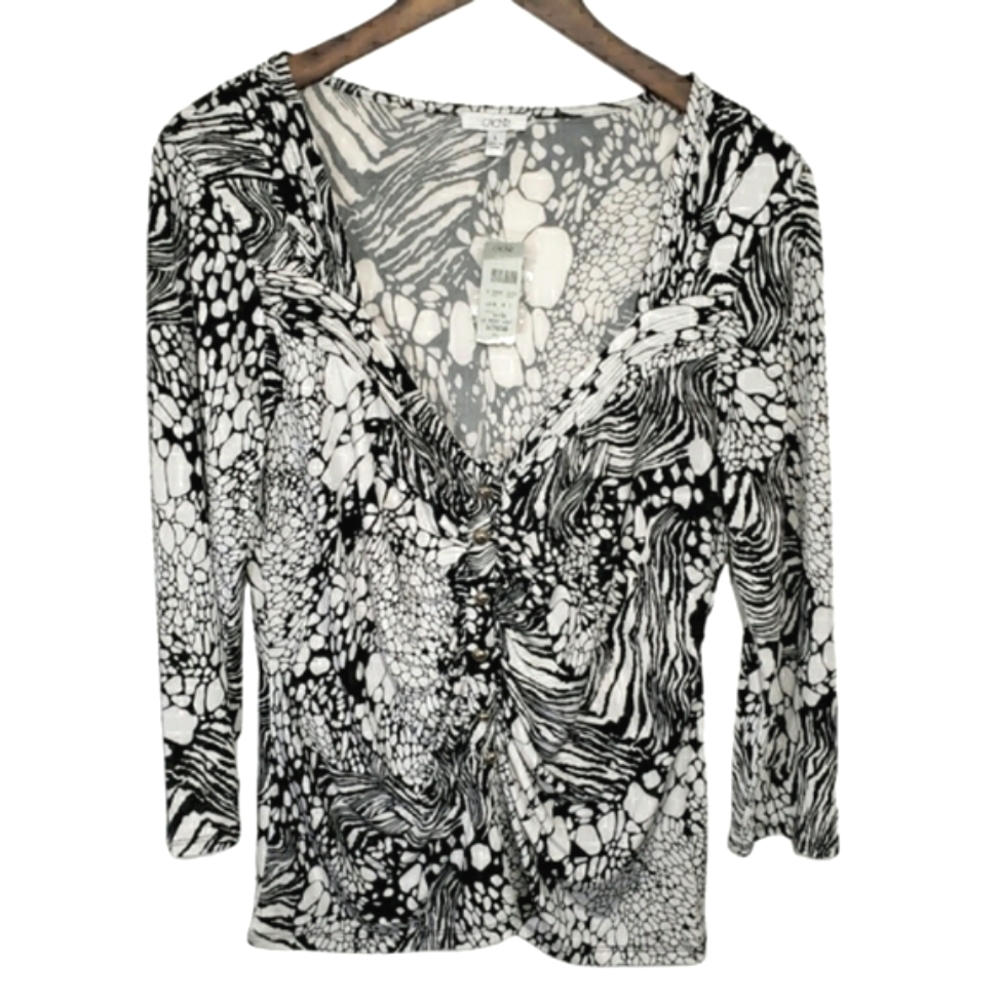 Cache Black and White Print V-neck Knit Top Women's Size Large NWT
